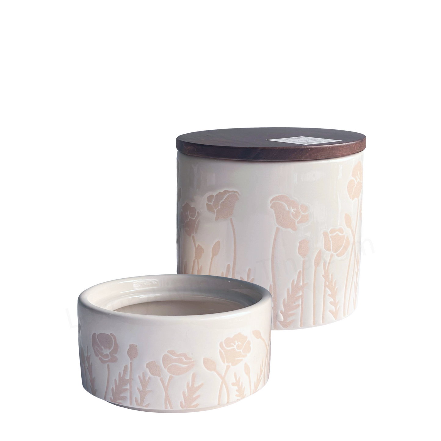 Double Ceramic Storage Canister Cream with Raised Tan Flowers