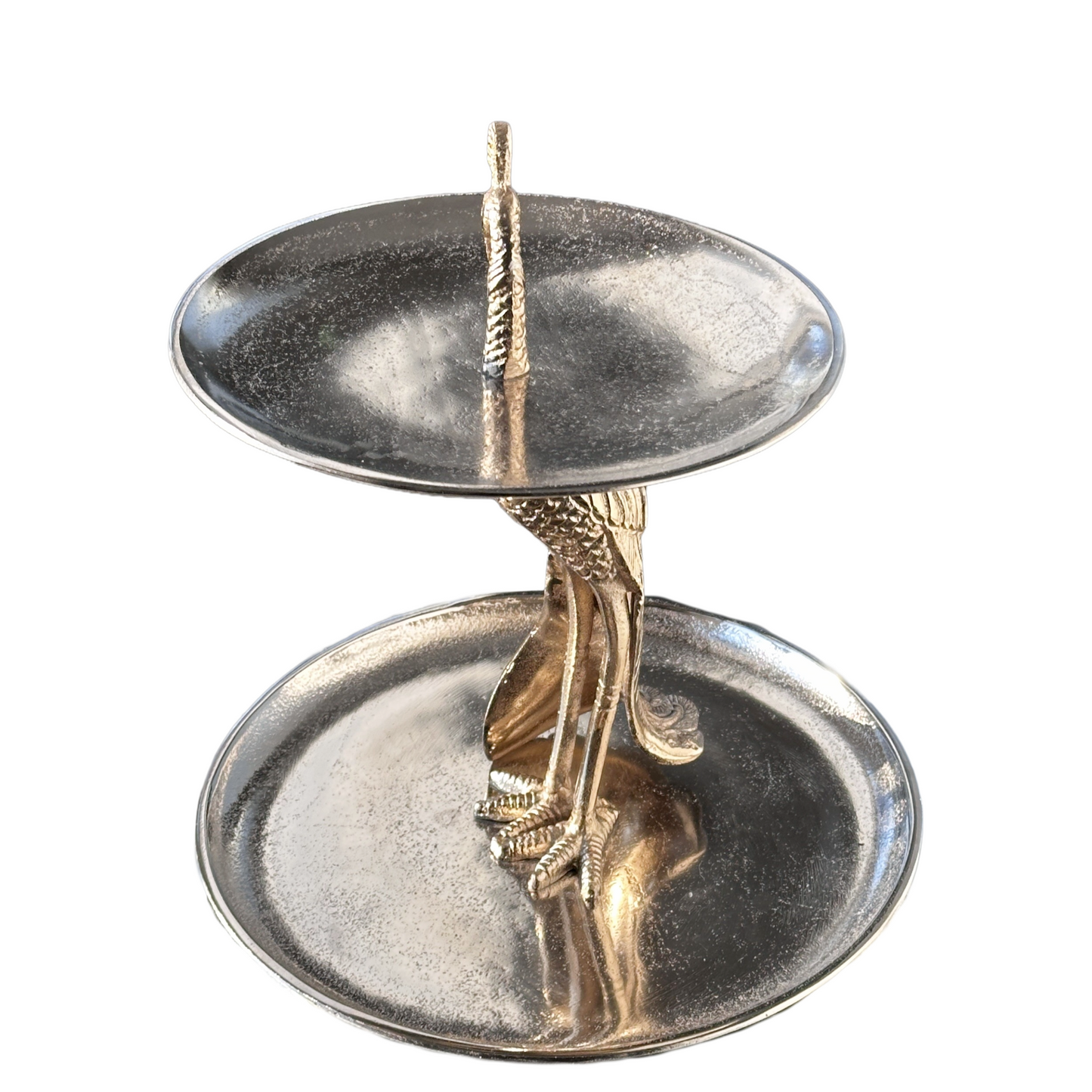 2-Tier Dessert Appetizer Tray Stand Silver Metal Peacock Entertaining Decor