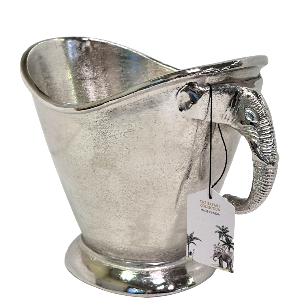 Silver ice bucket with elephant handle on a white background