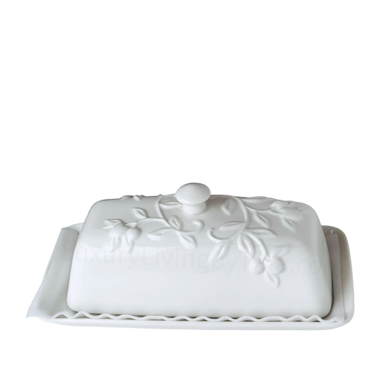 Butter Dish, Butter Keeper White Ceramic Embossed Floral Leafy Motif with Rounded Knob