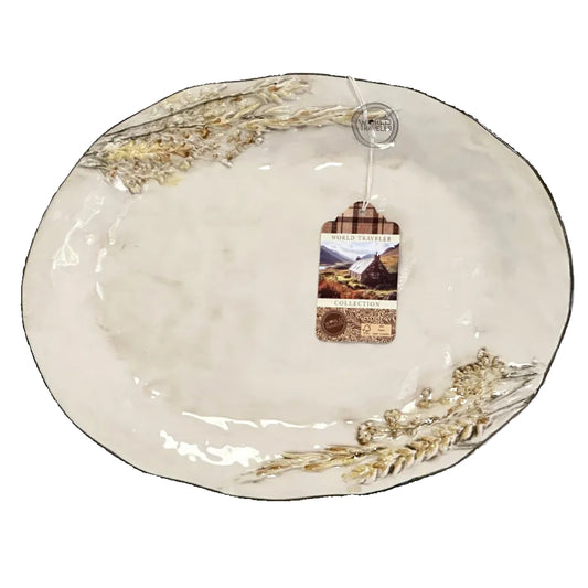Serving Platter Hand Painted Ceramic Raised Wheat Stalk & Wavy Olive Green Rim