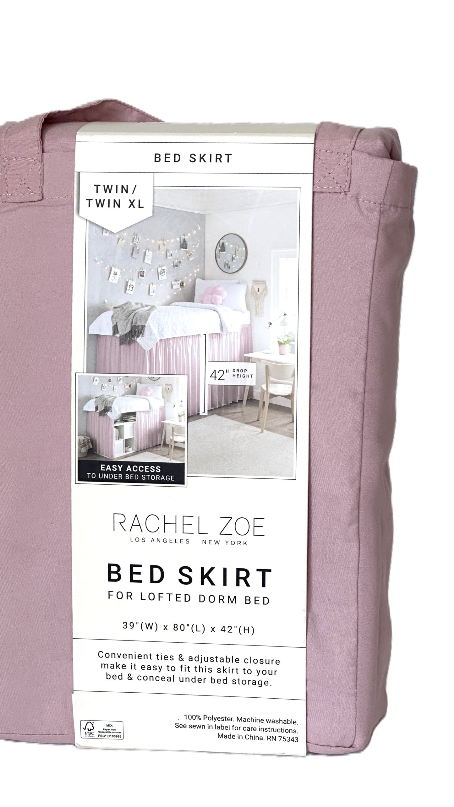Bed Skirt Pink Twin Extra Long Lofted Dorm Bed 42" Drop Height by Rachel Zoe