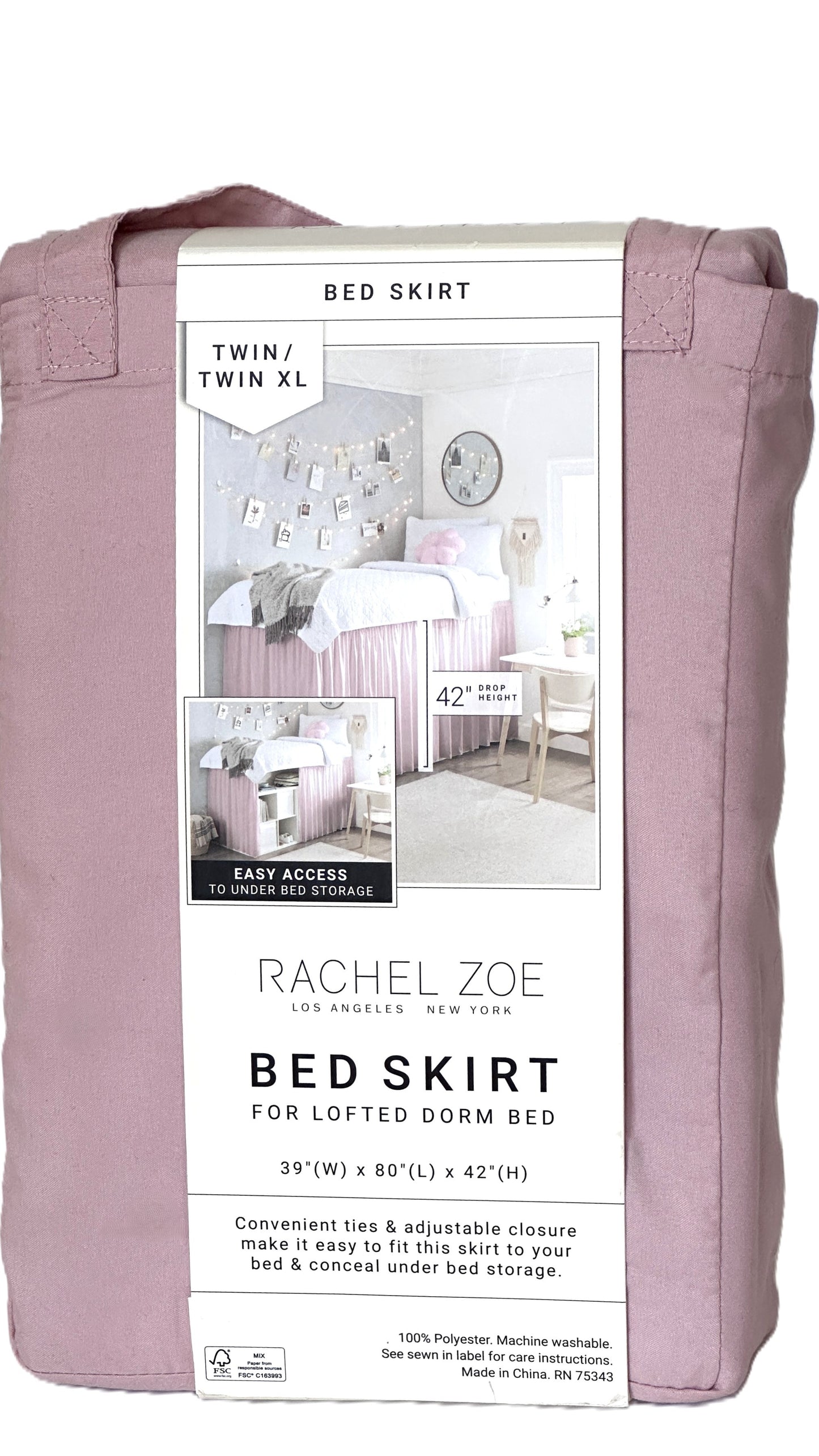 Bed Skirt Pink Twin Extra Long Lofted Dorm Bed 42" Drop Height by Rachel Zoe