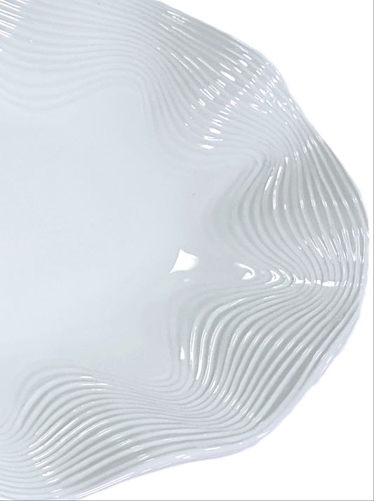 Large Oval Porcelain Serving Platter White Ribbed Wavy Pattern w/Scalloped Rim
