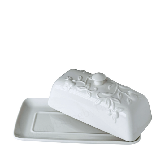 Butter Dish, Butter Keeper White Ceramic Embossed Floral Leafy Motif with Rounded Knob