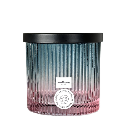 Bathroom Glass Canister for Accessories Blue Pink Ombre Ribbed Body w/Black Lid