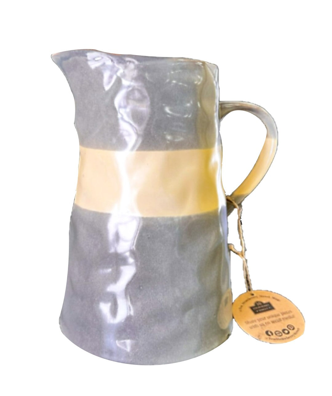 Monet Artisan Pitcher Jug Gray Ceramic Clay w/Yellow Stripe by 10 Strawberry St