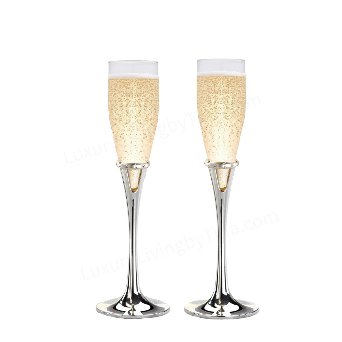 Lenox "Devotion" Champagne Glass, Silver Handle with Crystals, Wedding Toast Set of Two