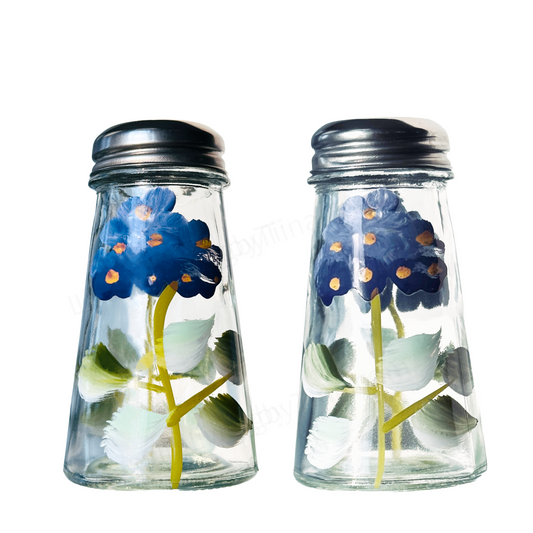 Salt & Pepper Shaker Set Glass Hand-Painted Yellow & Orange Sunflower Silver Top