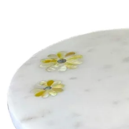 Cake Stand, Single Tier White Marble w/Wood Pedestal & Iridescent Yellow Flowers