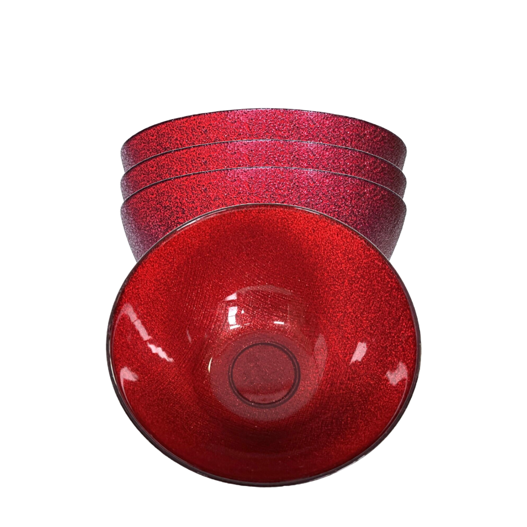 Red Sparkling 6" Glass Dinner Side Bowls with Textured Back, Set of Four