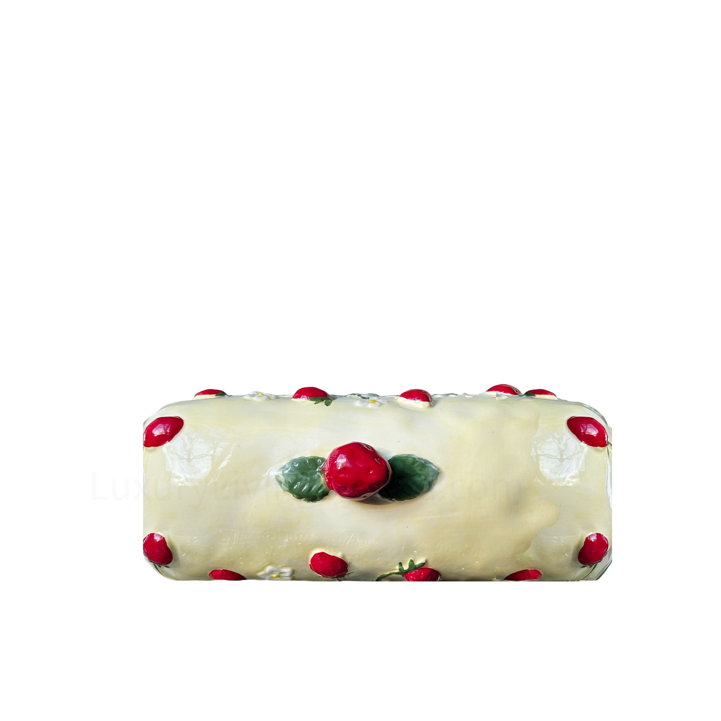 Butter Dish Keeper, Scalloped Yellow Ceramic with Handpainted Strawberries and Green Handles