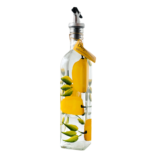 Olive Oil Vinegar Glass Bottle Dispenser Large Hand-Painted Yellow Lemons on Vine