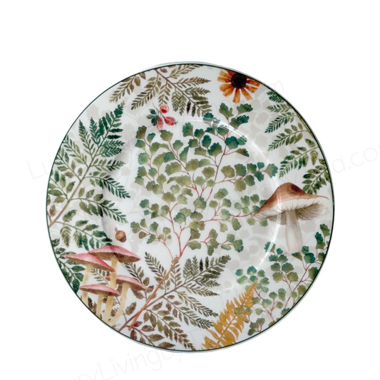 Salad Plate 8.5" Bone China w/Colorful Forest Mushroom & Fern, Green Rim by Gracie