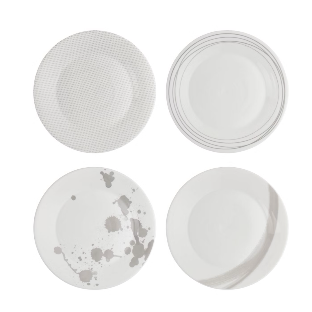 Royal Doulton 1815 London Plate Set 9.5" Mixed Patterns Set of 4 Porcelain Gray