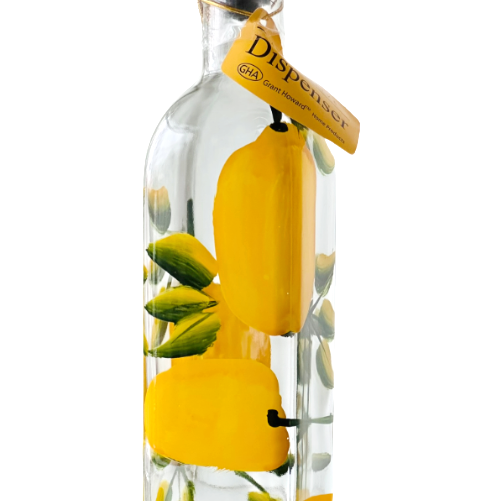 Olive Oil Vinegar Glass Bottle Dispenser Large Hand-Painted Yellow Lemons on Vine