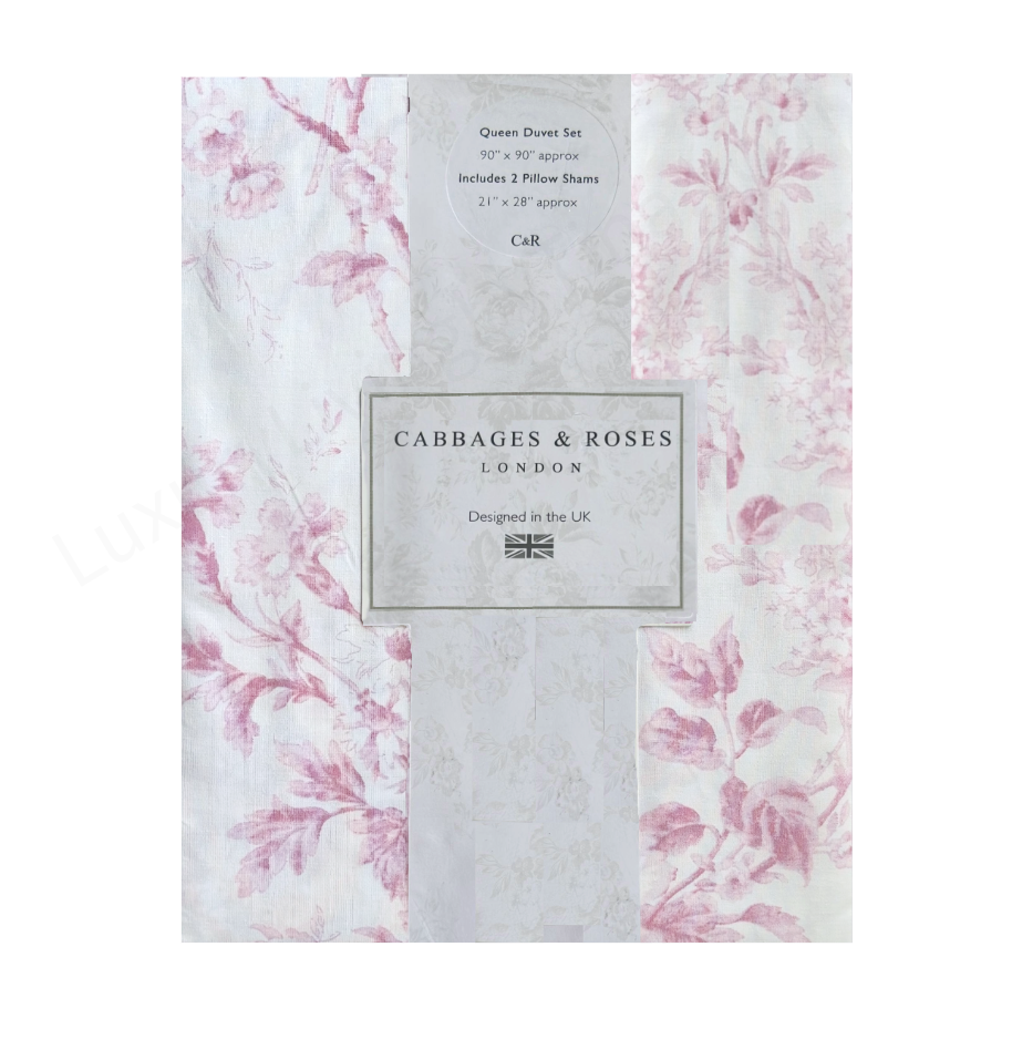 Cabbages & Roses Queen Size London Alderney Raspberry Floral 3 Pc Duvet Cover Shams Set White Pink