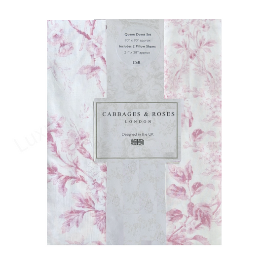 Cabbages & Roses Queen Size London Alderney Raspberry Floral 3 Pc Duvet Cover Shams Set White Pink