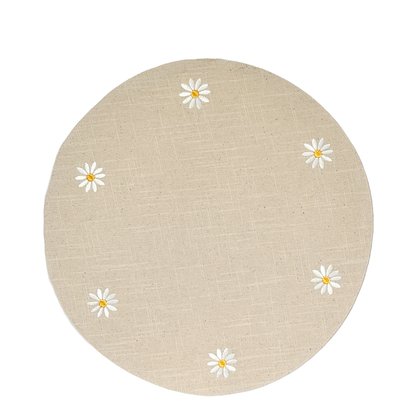 4 pc Round 16" Beige Placemats with Embroidered White Daisies 100% Cotton by Cupcakes & Cashmere
