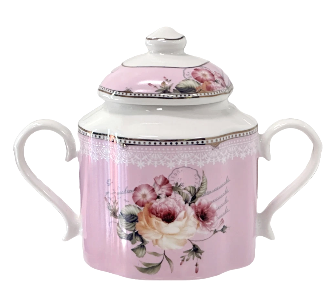 Sugar Bowl Pink Roses w/Gold Trim, Porcelain Victorian Style by Eileen's Reserve