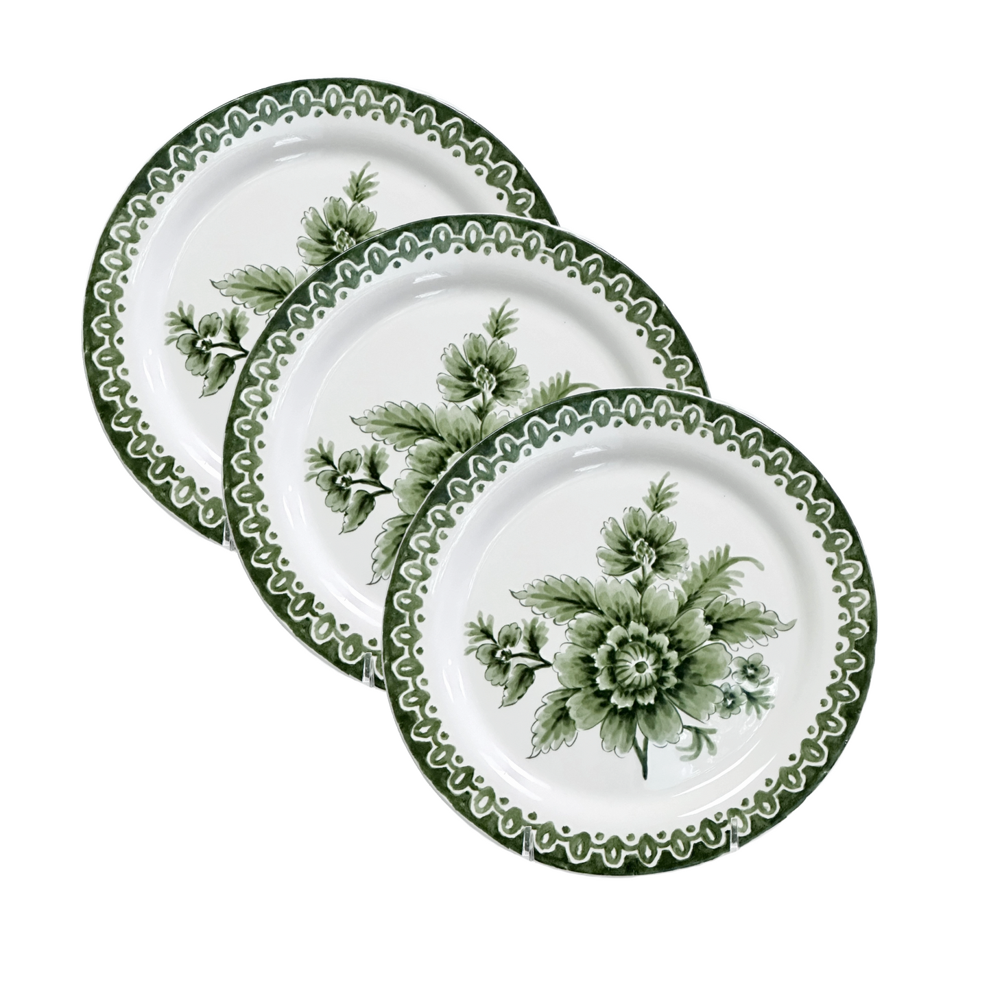 Charming Salad Plates Hand Painted Green Flowers & Green Rim 8.5" Set of Three