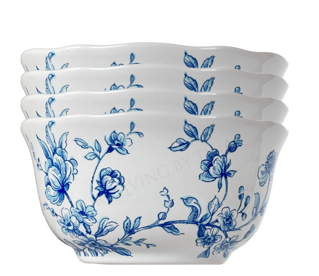 222 Fifth Bellamy Blue Porcelain Side Dinner Bowl, Cereal, Soup, Ice Cream Set/4