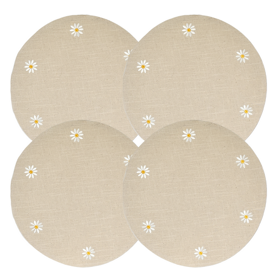 4 pc Round 16" Beige Placemats with Embroidered White Daisies 100% Cotton by Cupcakes & Cashmere