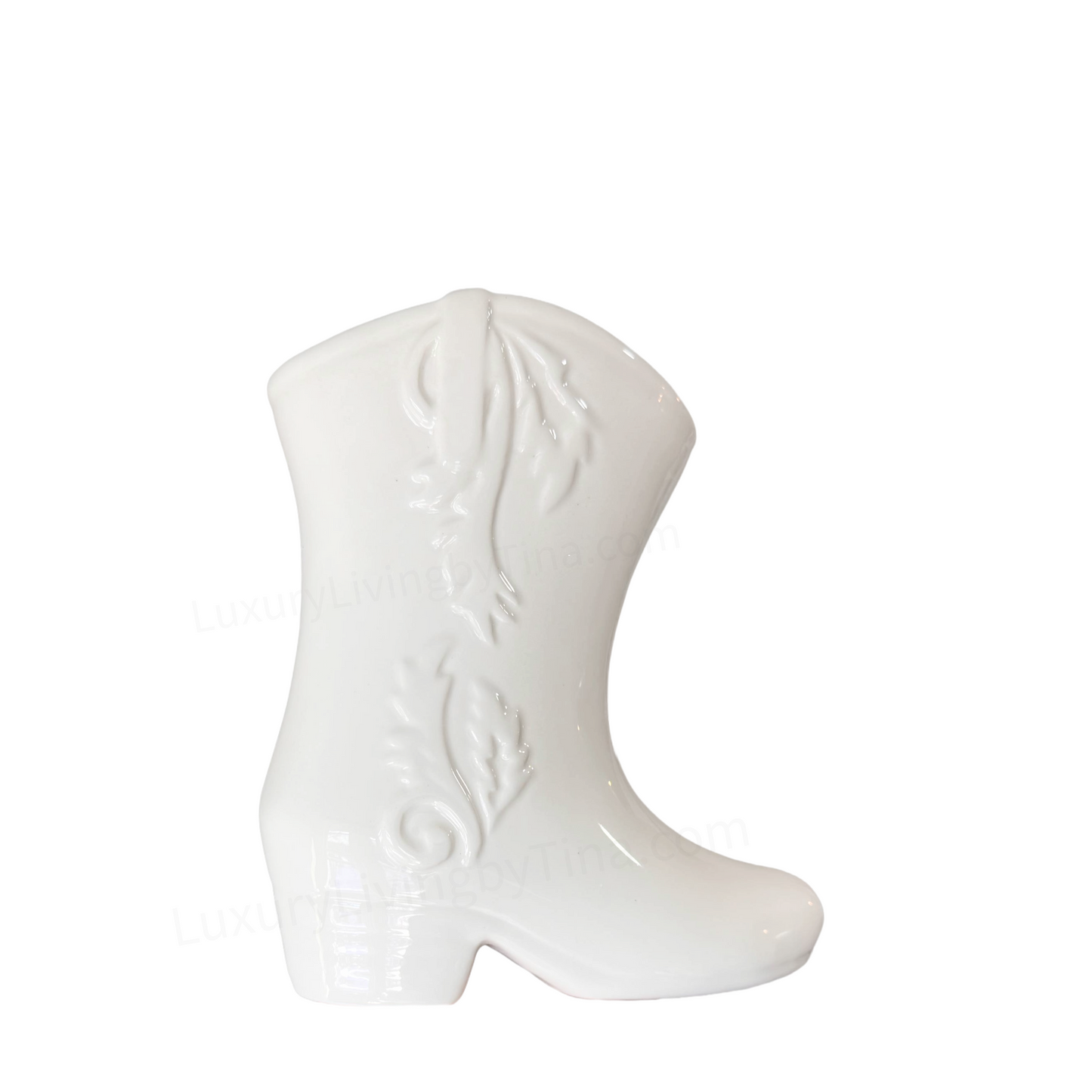 White Ceramic Utensil Holder Western Cowboy Cowgirl Boot Shape