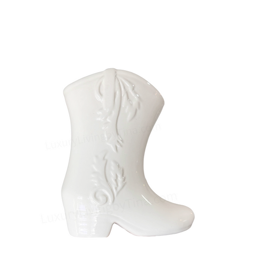 White Ceramic Utensil Holder Western Cowboy Cowgirl Boot Shape