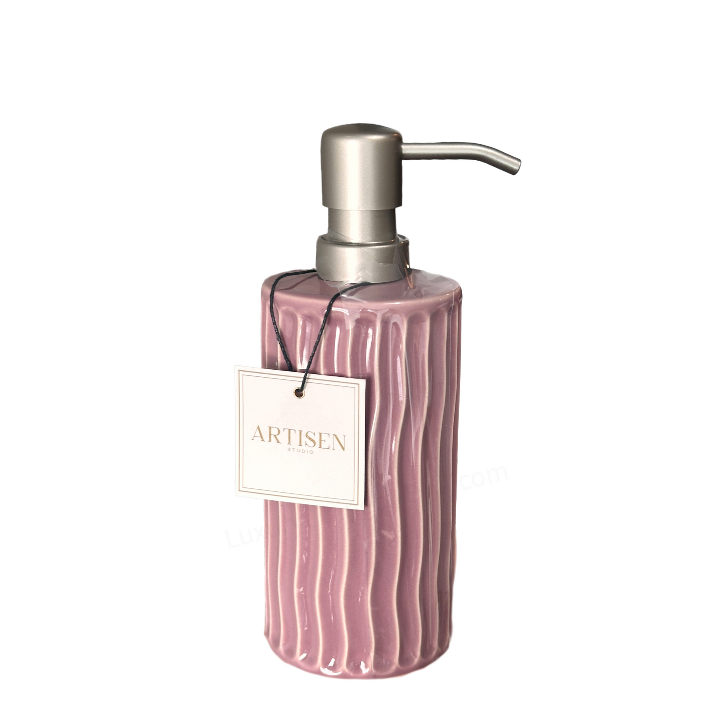 Soap Pump Dispenser Ceramic Mauve with Wavy Vertical Ribbing & Silver Pump