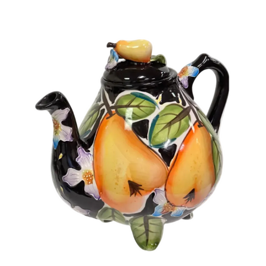 Blue Sky Clayworks Black Ceramic Teapot Colorful Hand Painted Pears, Pear on Lid