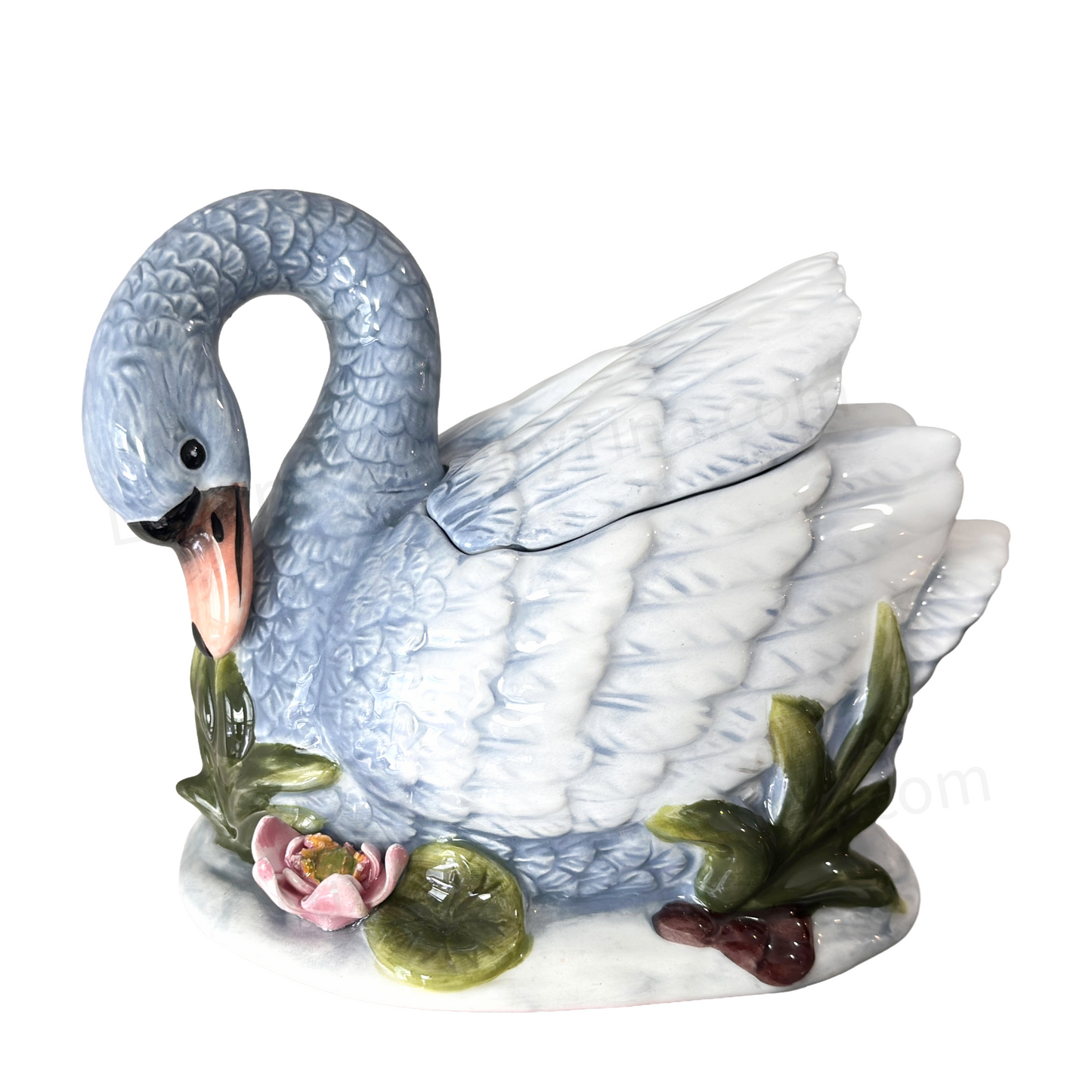 Sugar Bowl or Trinket Box Blue Ceramic Swan on Lily Pad with Pink Flower