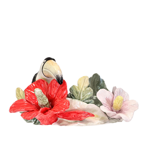 Arte di Capodimonte Hurricane Candle Holder Hand Crafted Painted Parrot with Vibrant  Hibiscus