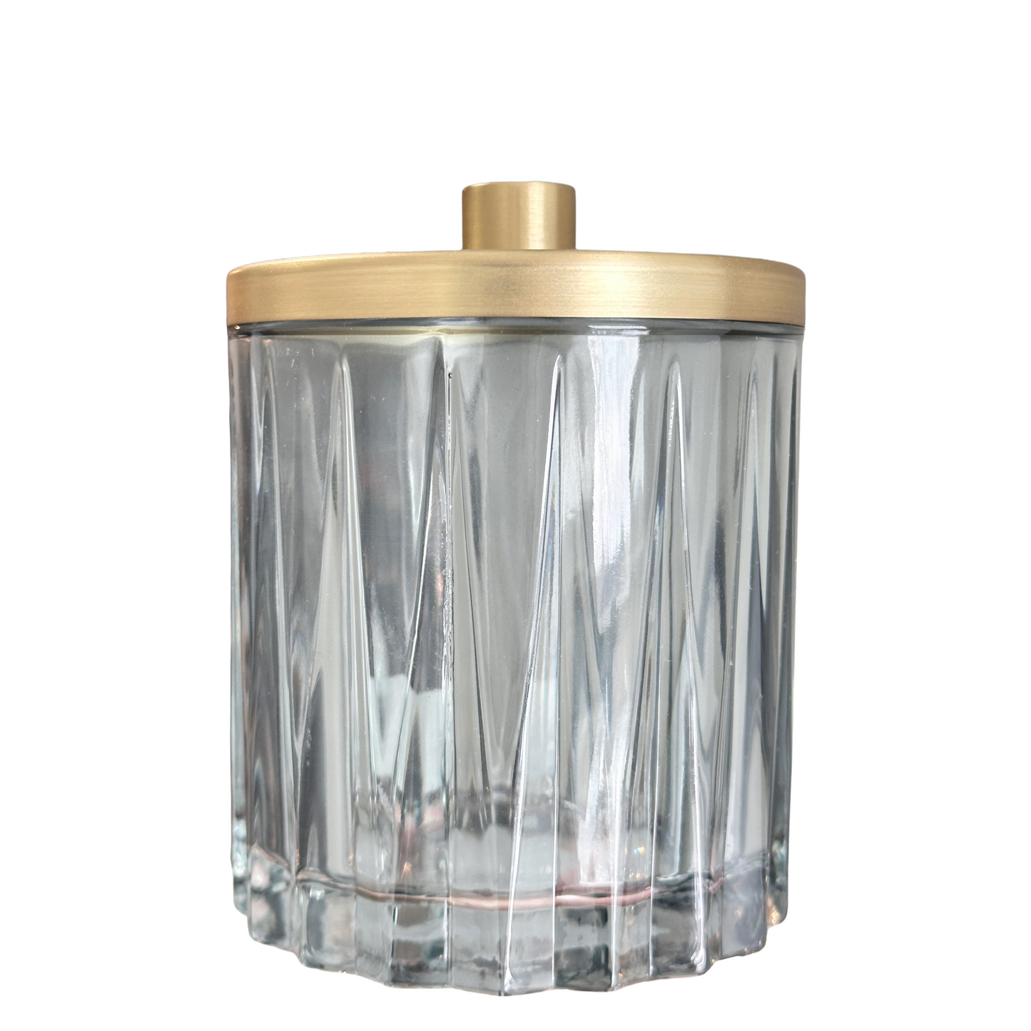 Faceted Glass Cotton Ball Jar Clear Warm Sea Blue with Brushed Gold Cover