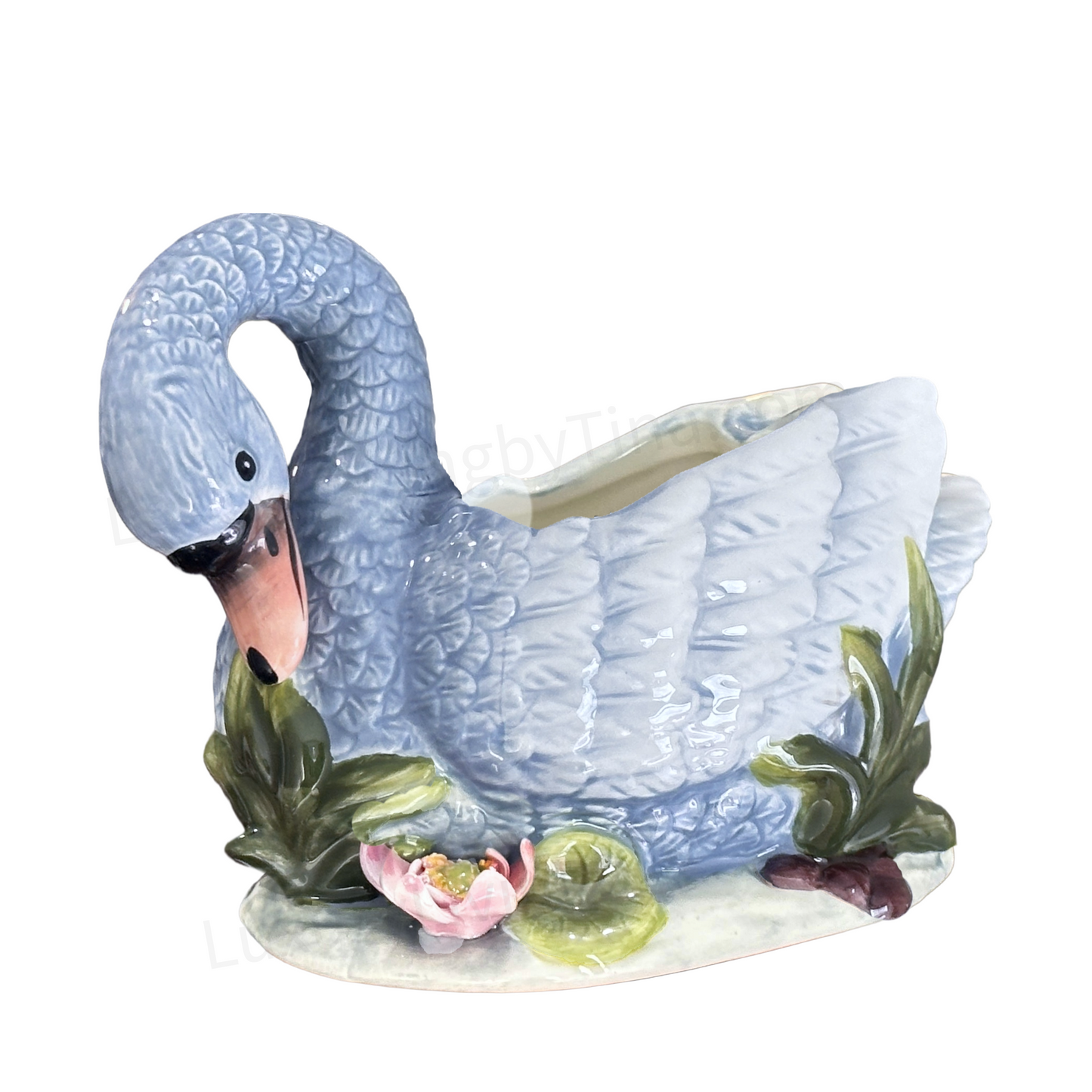 Sugar Bowl or Trinket Box Blue Ceramic Swan on Lily Pad with Pink Flower