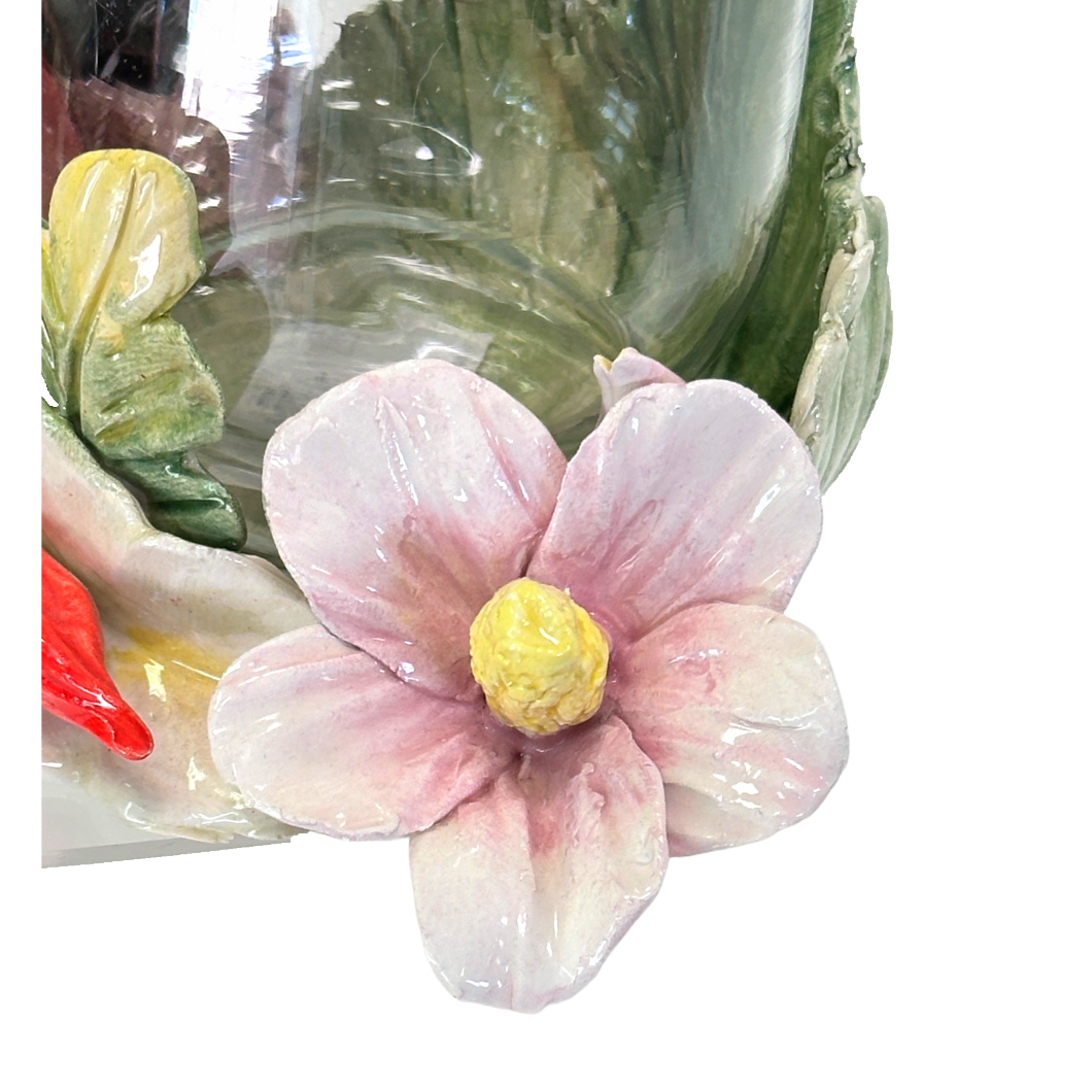 Arte di Capodimonte Hurricane Candle Holder Hand Crafted Painted Parrot with Vibrant  Hibiscus