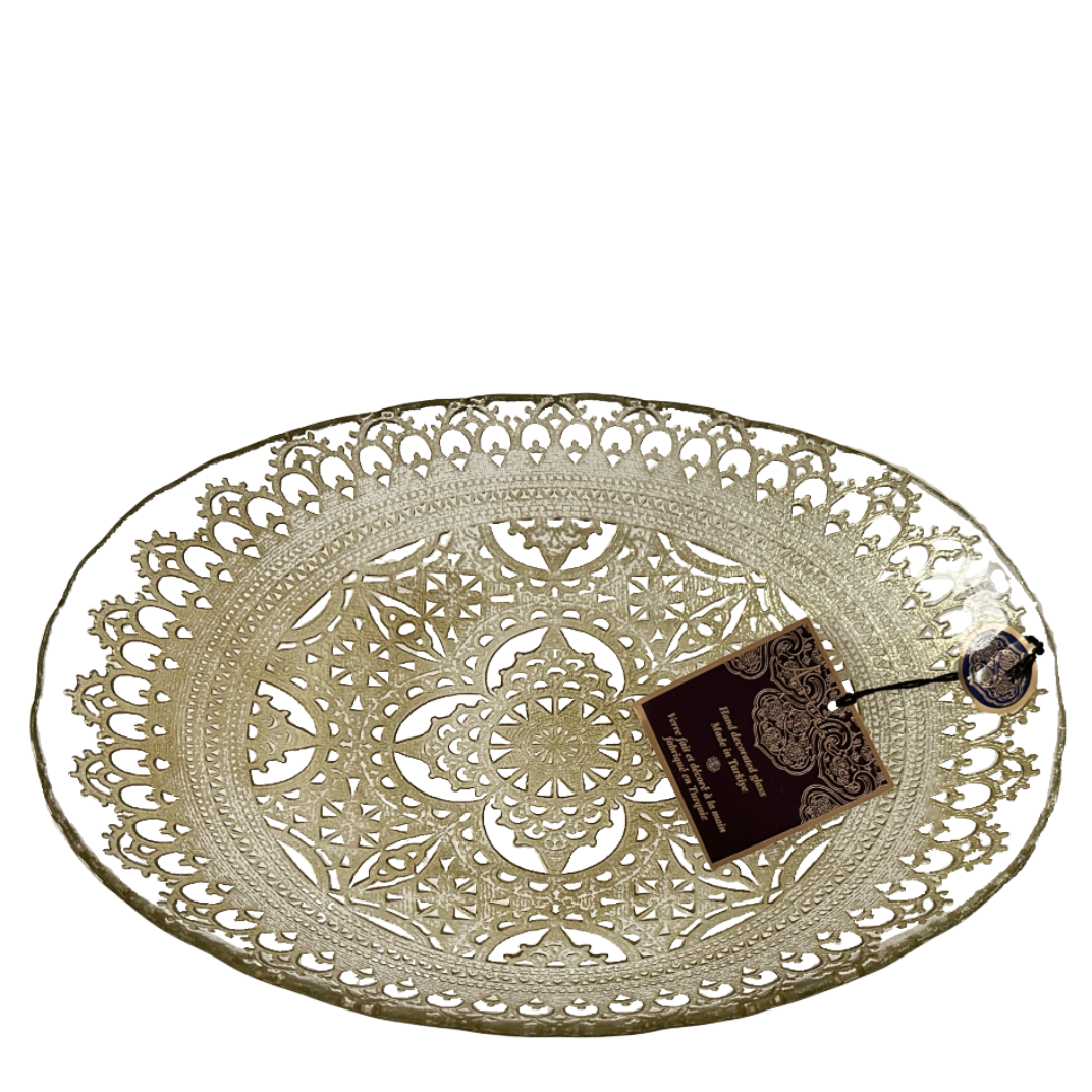 Serving Bowl Oval Clear Gold Glass Lace Pattern Handmade by Artistic Accents